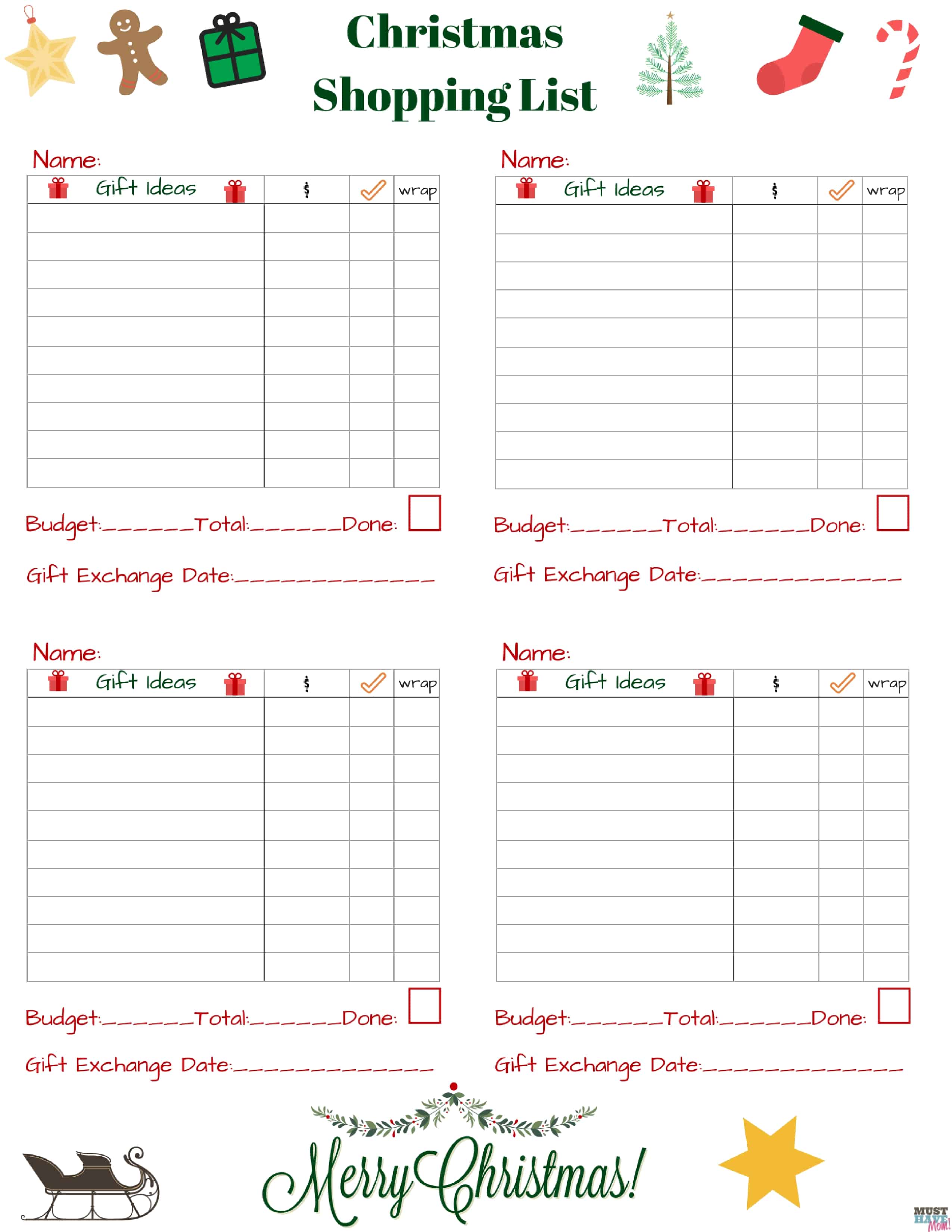 Free printable Christmas list and stocking stuffer checklist. Organize your Christmas shopping with this Christmas shopping list printable that lets you list each person, ideas, bought or not and wrapped or not. It also helps keep track of Christmas budget!