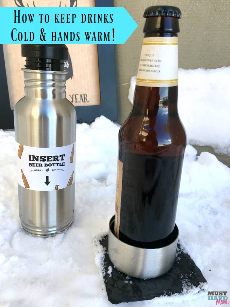 How to keep glass bottles cold and hands warm! Keep any drinks cold that are in glass bottles! Great gift idea for men! Free printable rustic Christmas sign too!