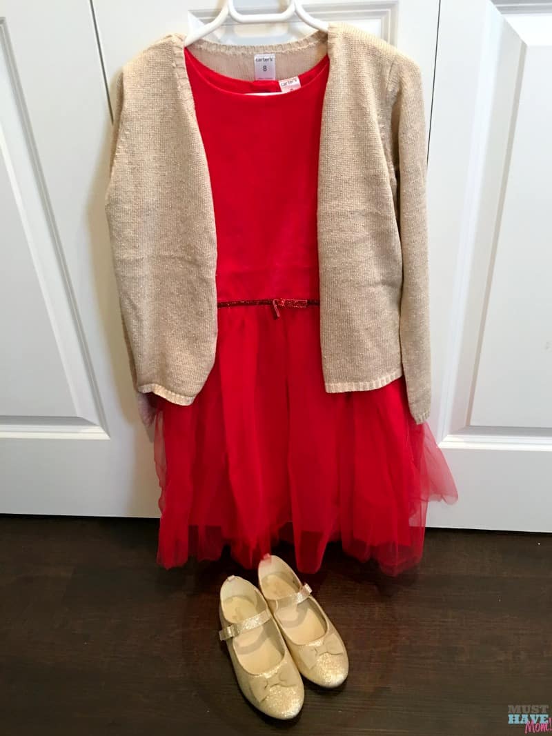 Girls Christmas outfit idea! Affordable Christmas dress with sweater and shoes. Love this ensemble.