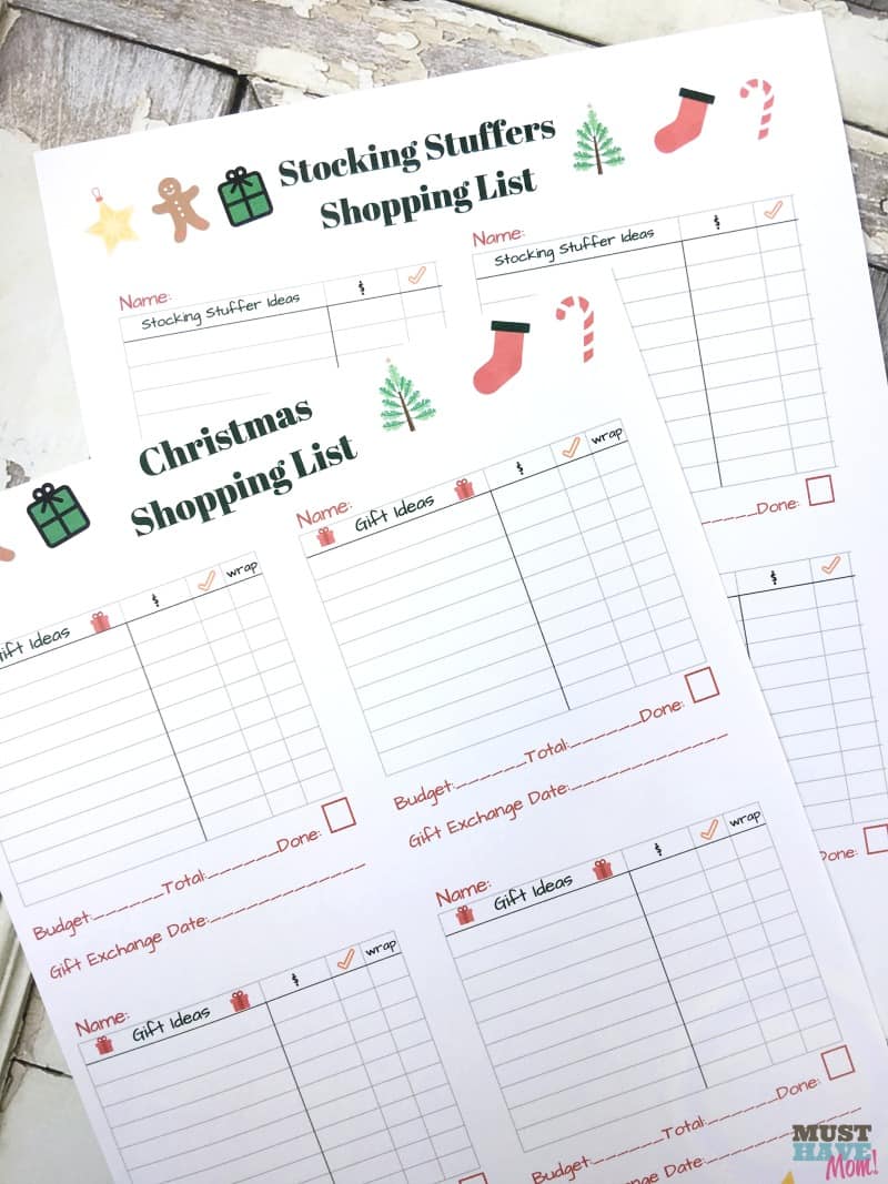  Free printable Christmas list and stocking stuffer checklist. Organize your Christmas shopping with this Christmas shopping list printable that lets you list each person, ideas, bought or not and wrapped or not. It also helps keep track of Christmas budget!