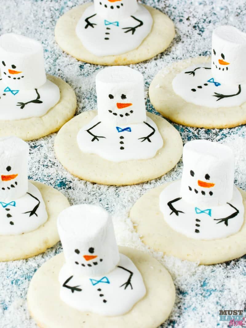 Melting snowman cookies recipe. Great kids Christmas cookie idea. These melted snowman cookies will put a smile on your face!