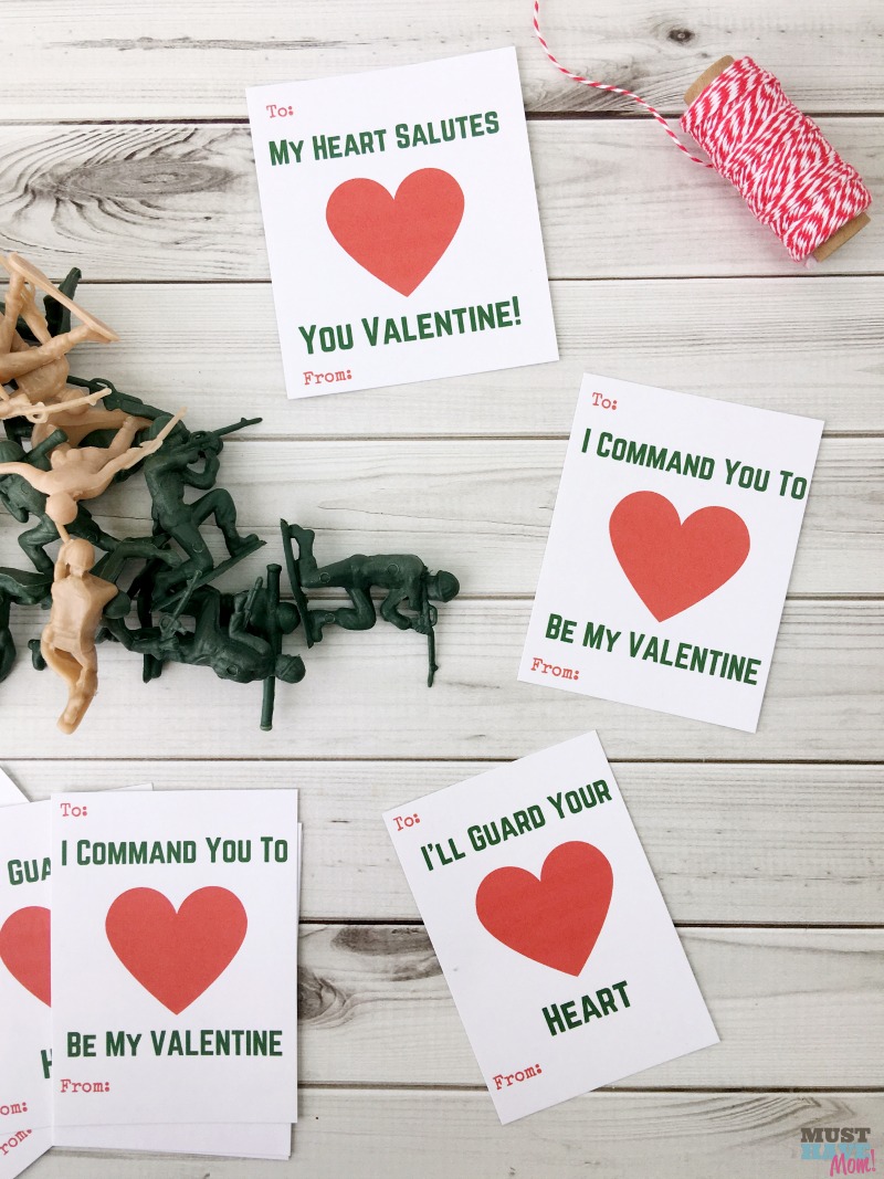 Free printable kids classroom valentine cards with army guys! Grab these army Valentine's Day cards for free now!