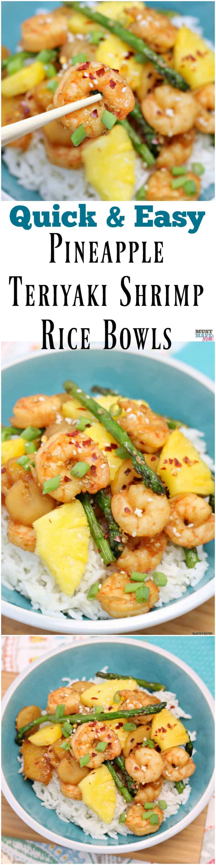 Quick and easy pineapple teriyaki shrimp rice bowls recipe! Easy shrimp recipes for busy weeknights that can be made in 20 minutes or less!