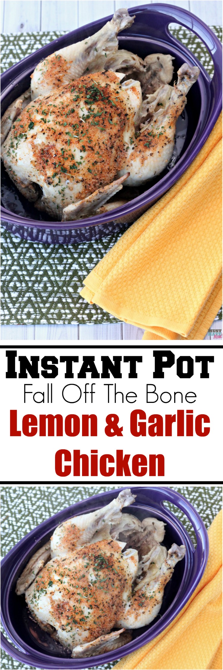 Instant Pot fall off the bone lemon and garlic chicken! Cook a whole chicken in 25 minutes in your pressure cooker! Pressure cooker chicken is so quick & easy. Save this recipe!