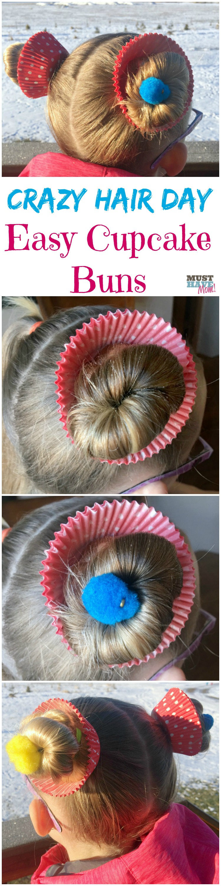 Crazy hair day ideas girls cupcake buns! These cupcake hair buns are quick and easy for crazy hair day at school!