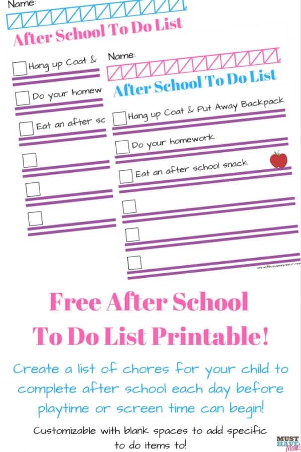 Free After school chore list printable! Each page cuts out into 4 pages ...