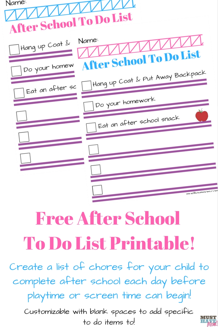 Free After school chore list printable! Each page cuts out into 4 pages to create your own tear pad. Fill in the blanks to customize the tasks they need to complete before playtime or screen time begins!