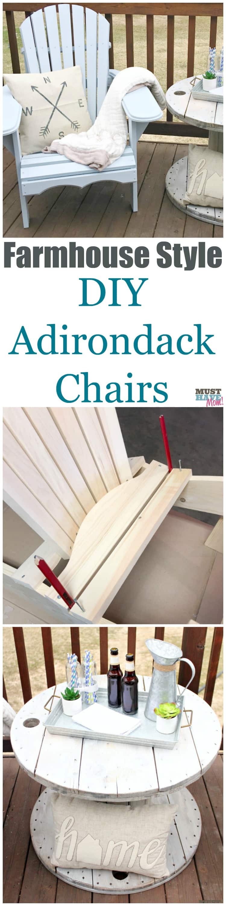 How to DIY farmhouse style adirondack chairs. Build them, paint them and style them! She shows you how. Bring farmhouse decor outdoors!