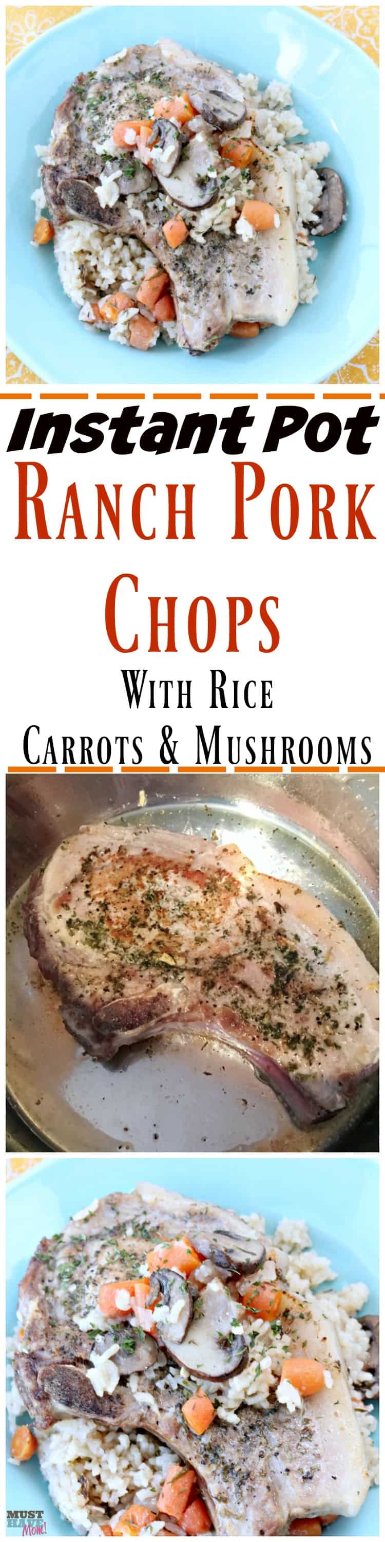 Instant Pot ranch pork chops with rice, carrots and mushrooms all cooked at the same time! Great one pot meal. Cook pork chops and rice together in the instant pot!