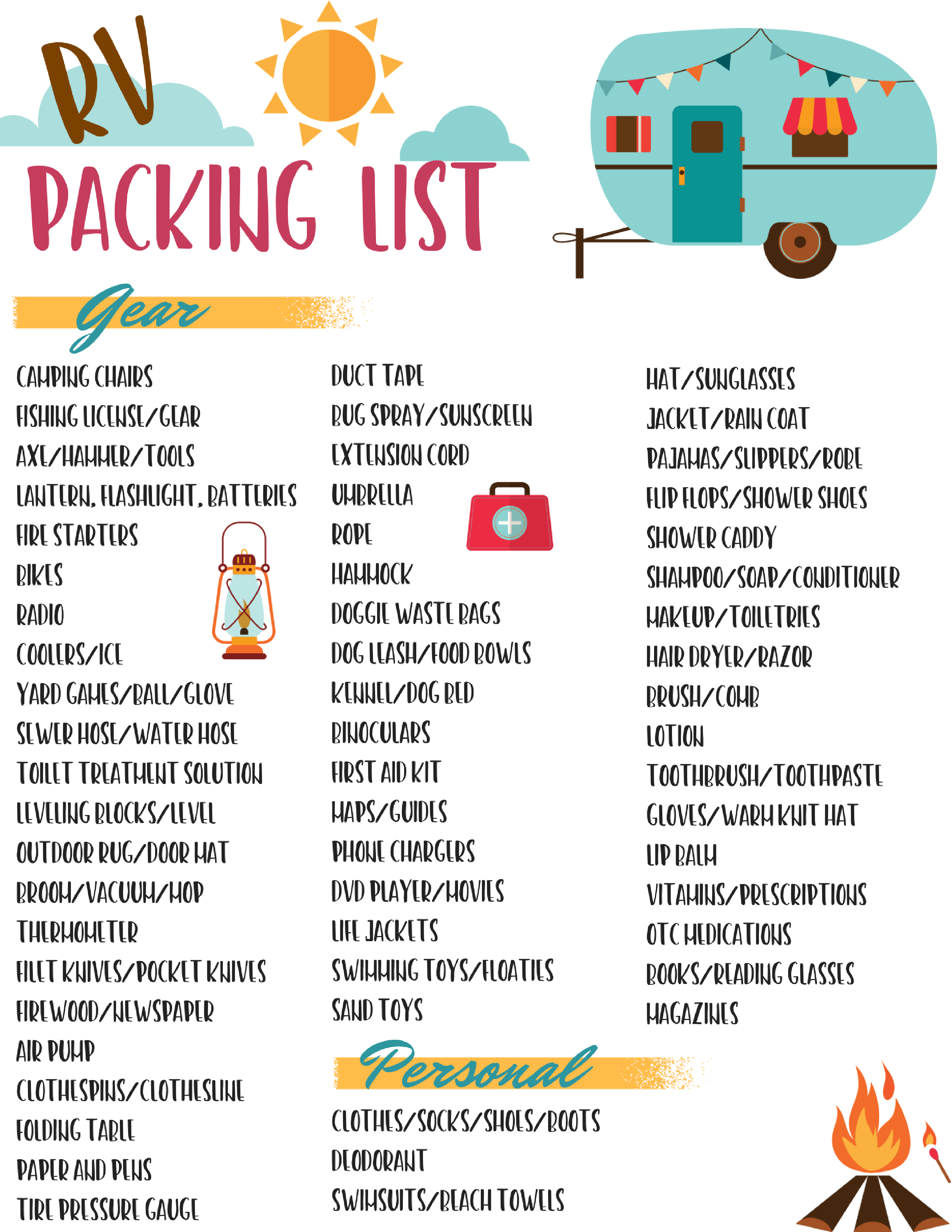 Free RV checklist printable packing list. Don't forget anything on your next camping trip in your travel trailer. This free printable camping list has everything covered!