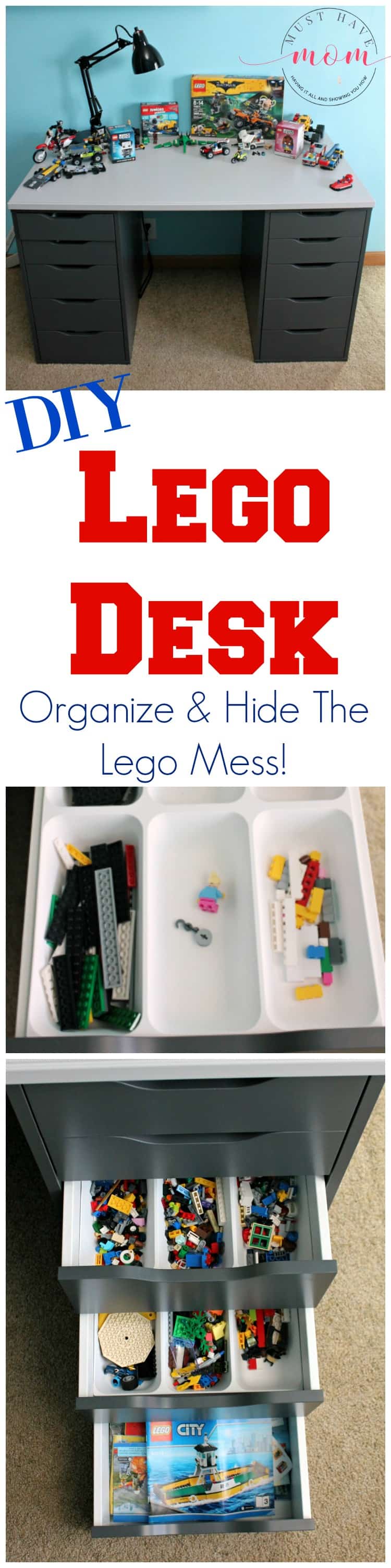 Easy DIY Lego Desk to hide and organize legos! This ikea hack turns a desk into a lego building mecca! 