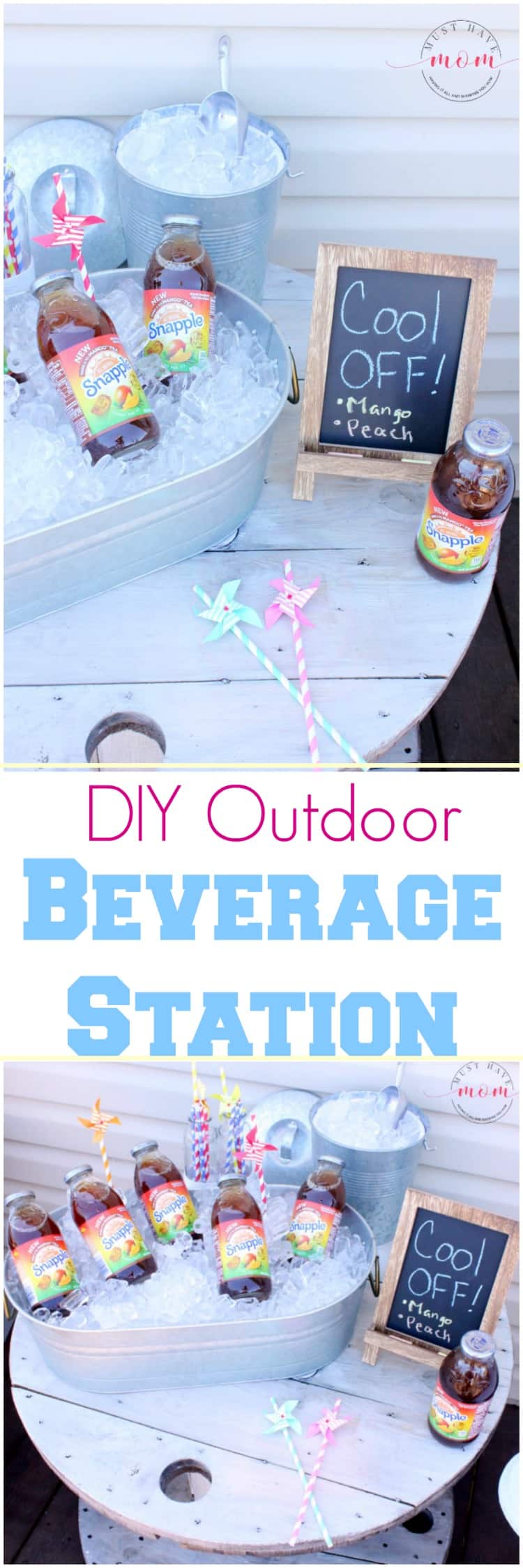 DIY outdoor beverage station idea! Farmhouse style drink station to stay cool outside.