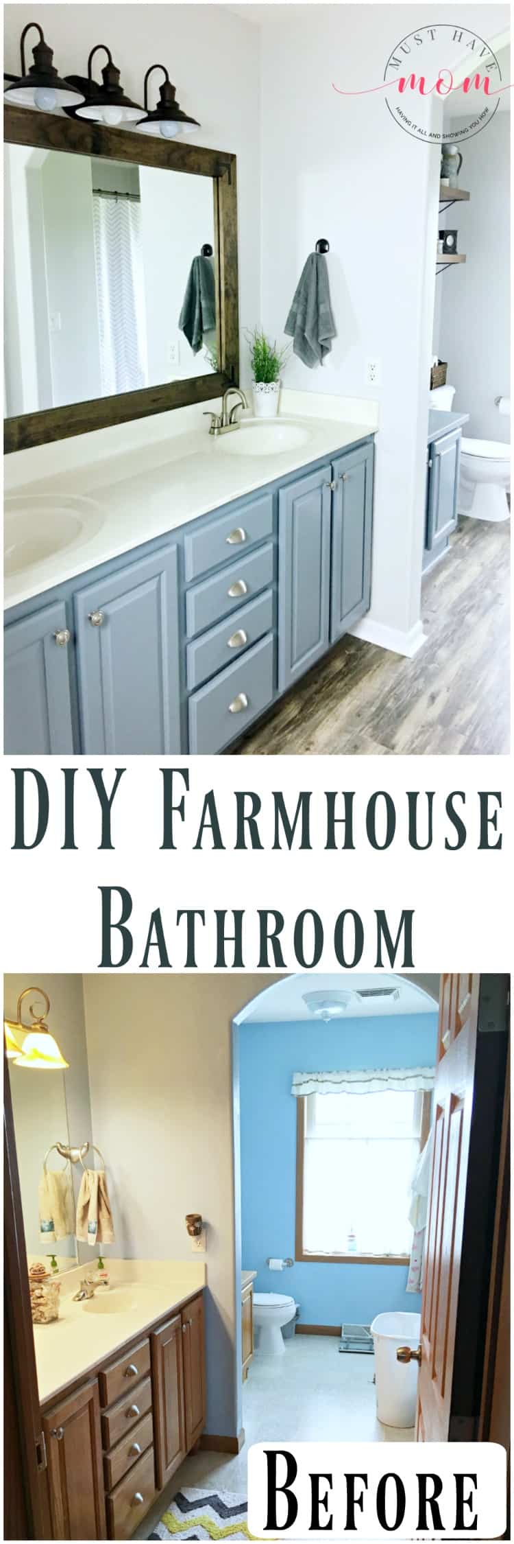 Fixer upper bathroom before and after. Get this look with her farmhouse bathroom DIY tutorial!