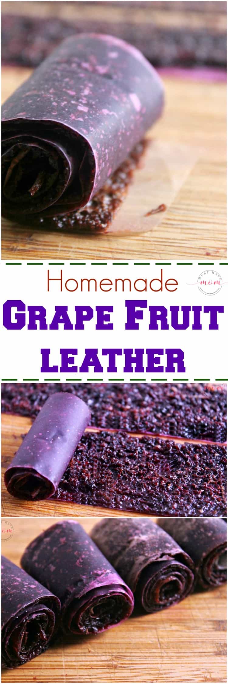 Homemade grape fruit leather recipe - no dehydrator required! Make this grape fruit leather recipe in the oven! Healthy snack idea for kids!