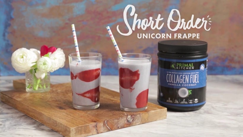 This homemade Unicorn Frappe recipe is easy to make, and features banana, coconut, and strawberry flavors. A perfect drink for summer. 
