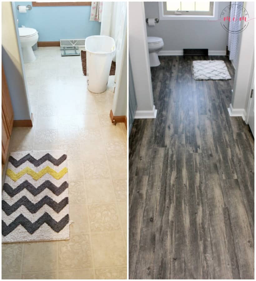 Farmhouse bathroom flooring idea. Barnwood floor on a budget.