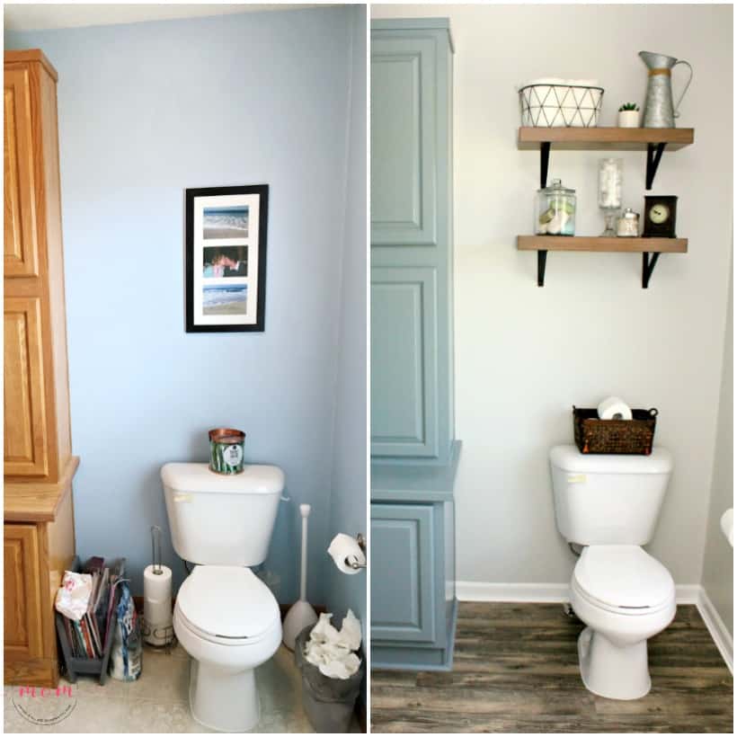 Easy farmhouse rustic shelves in your bathroom makes a big difference!