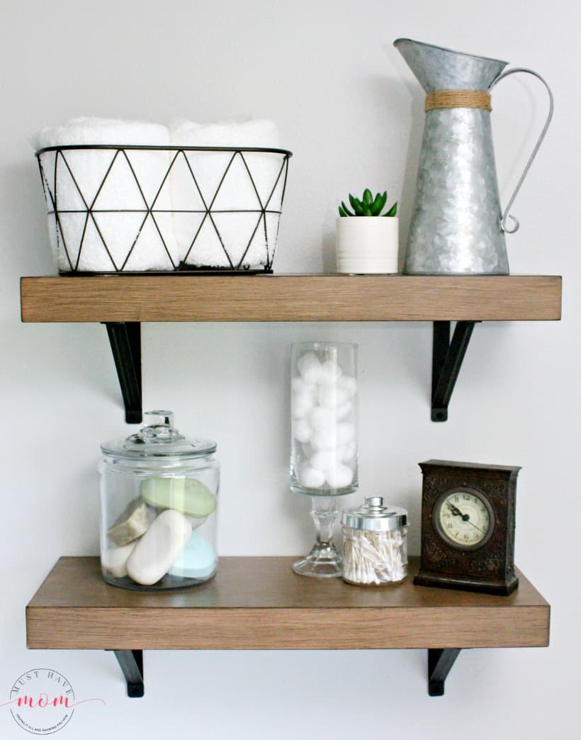 Farmhouse shelves with farmhouse decor ideas. Perfect for a fixer upper bathroom.