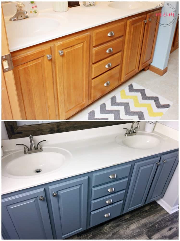 Farmhouse bathroom vanity makeover. Paint your vanity cabinets for a new look!