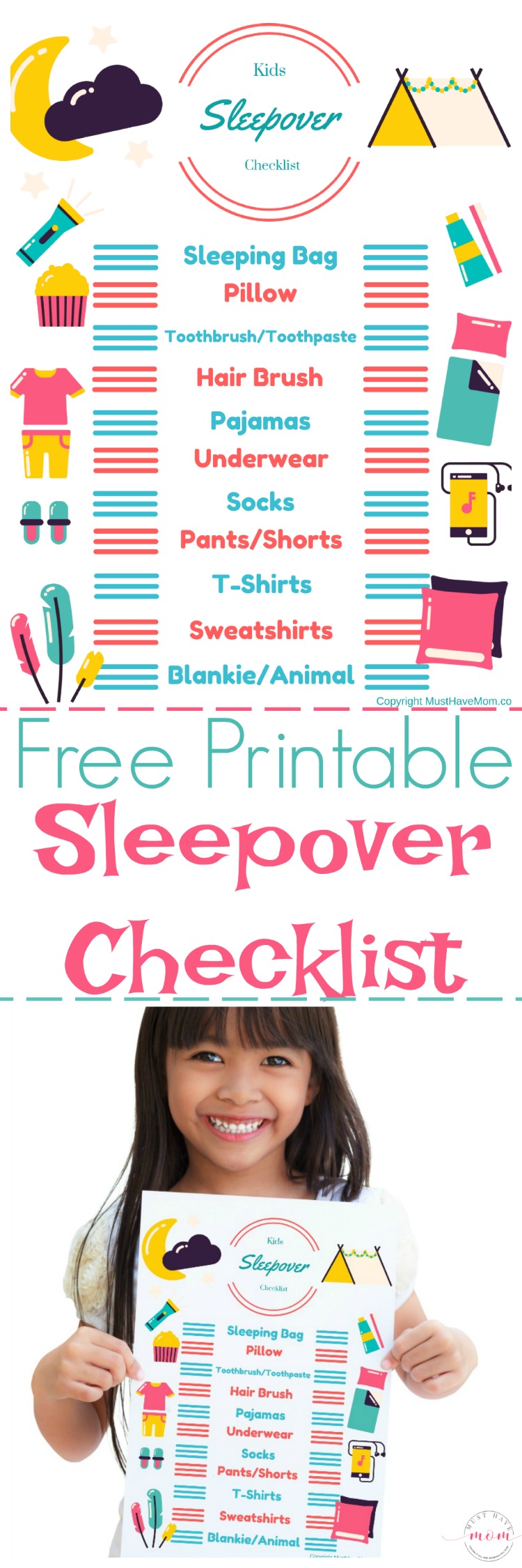 Free printable sleepover checklist for kids! Kids can pack their bags with this sleepover packing list!