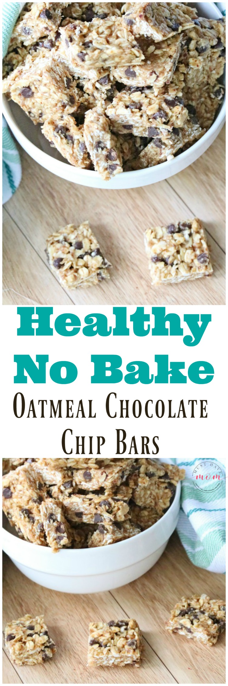 Healthy No Bake Bars! Oatmeal chocolate chip bars with just 6 healthy ingredients.