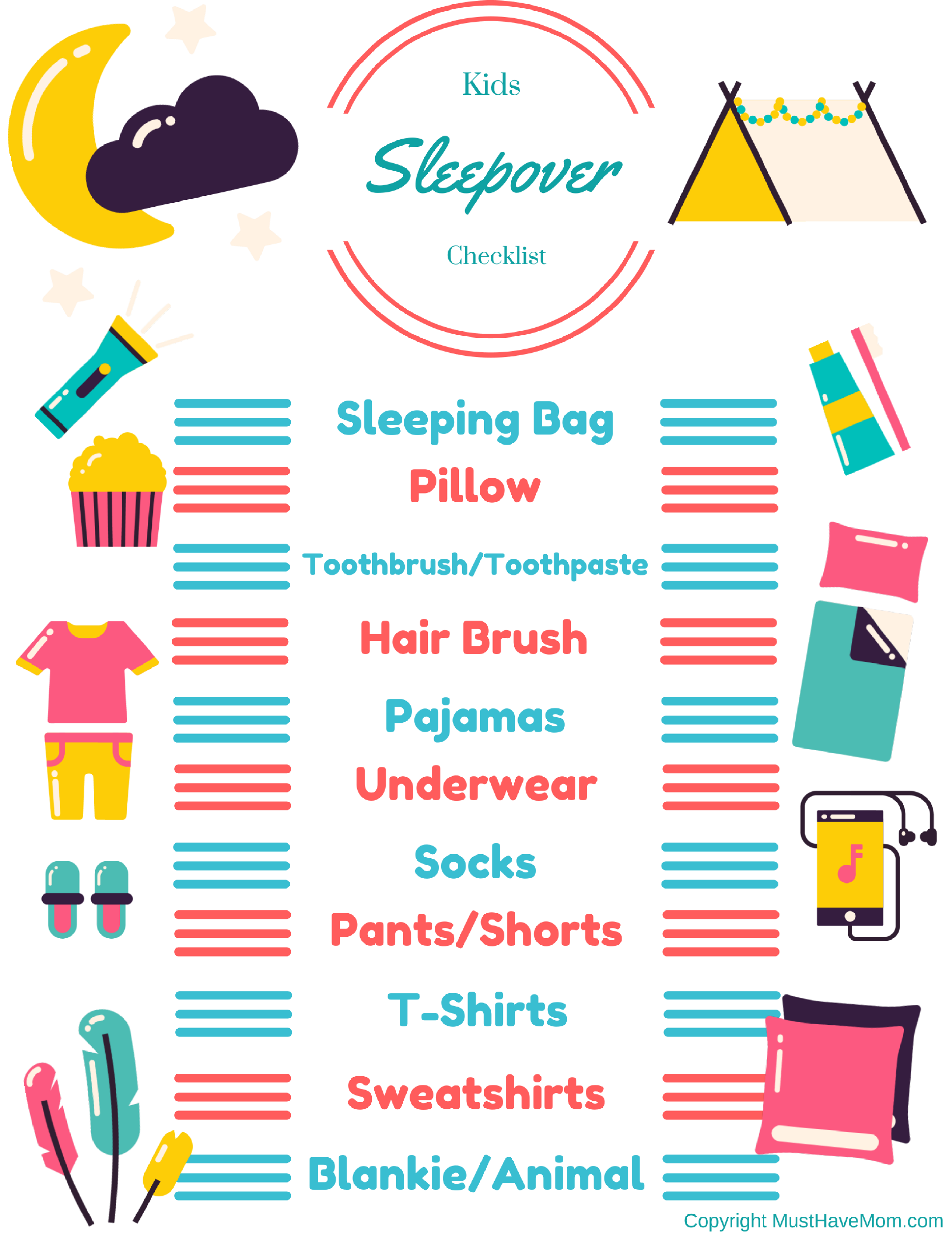 Free printable sleepover checklist for kids! Kids can pack their bags with this sleepover packing list!