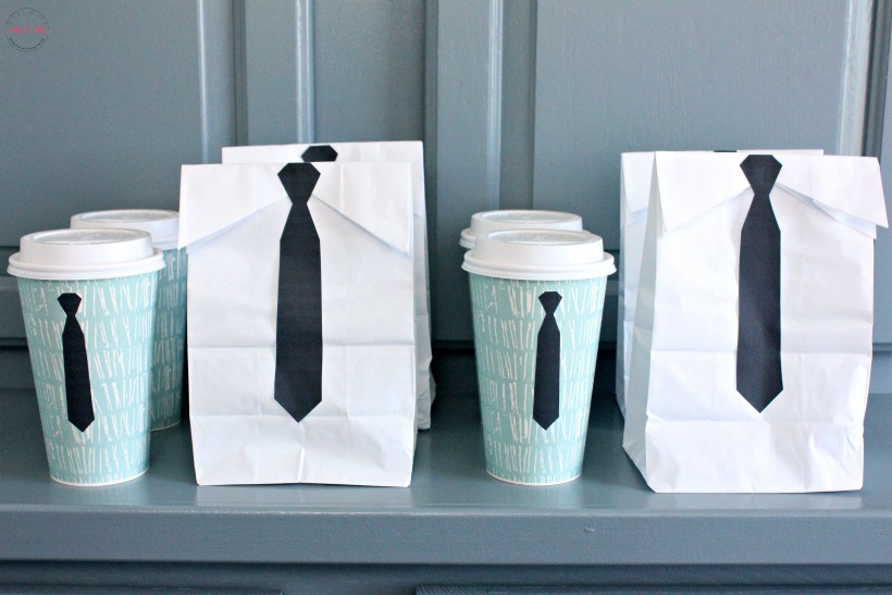Boss Baby Espresso and Donuts Party Food Idea with Free Printable! Cute bags and coffee cups with executive tie printable!