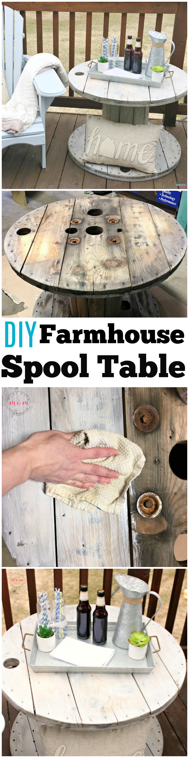 DIY farmhouse style wood spool table ideas. Tutorial to make a side table from a wood cable spool