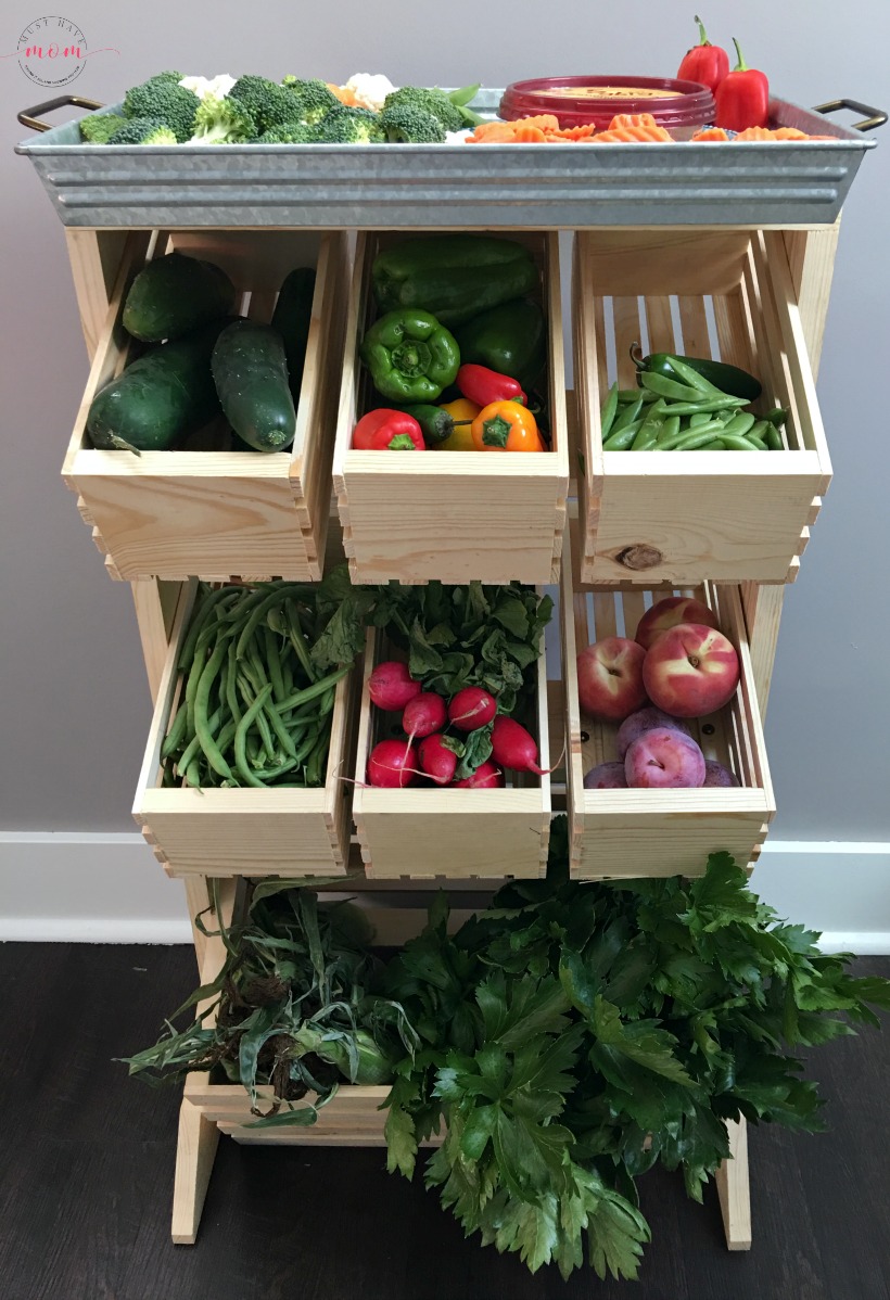 Farmhouse style produce storage. Produce stand DIY tutorial with farmer's market veggie ideas!