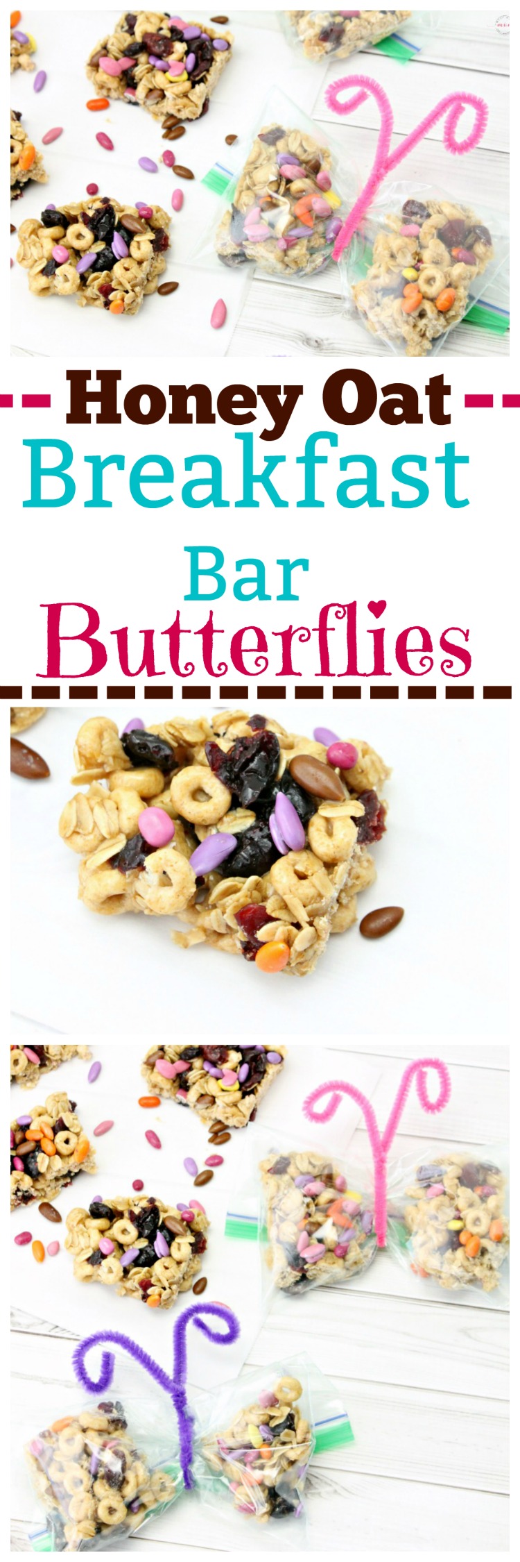 Healthy honey nut oatmeal breakfast bar recipe turned into cute lunchbox butterfly baggies! Easy breakfast or snack for kids and adults.