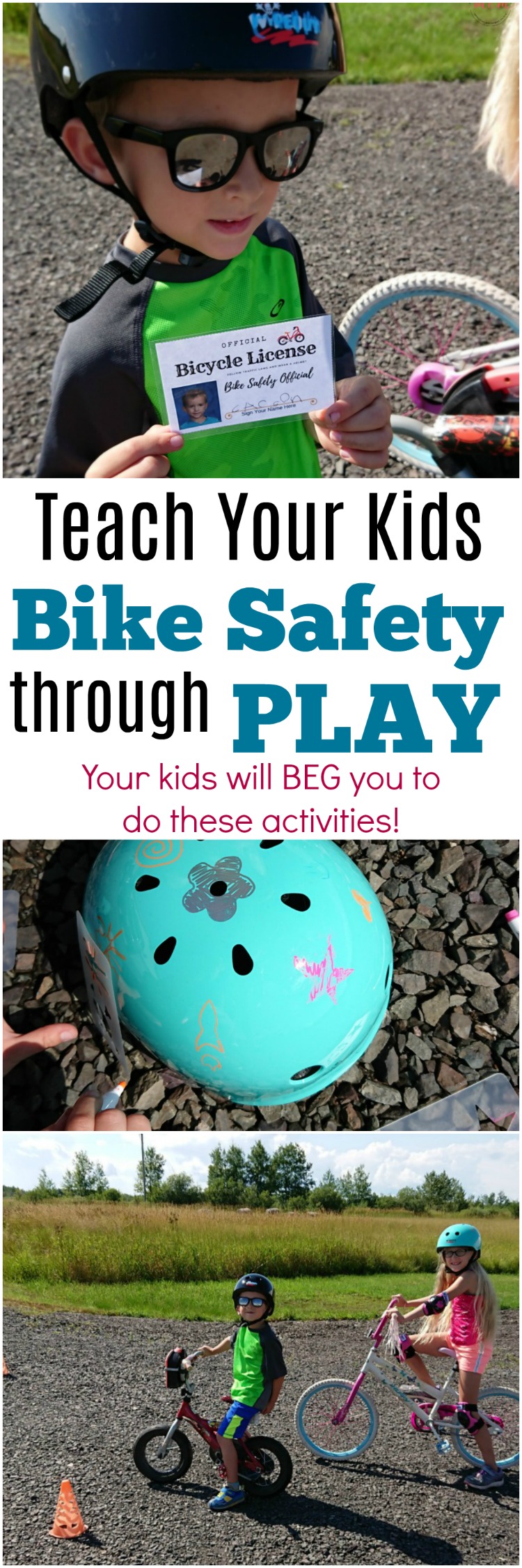 Teach your kids bike safety through play! Fun activity to decorate bike helmet, free printable bicycle license and cone course!