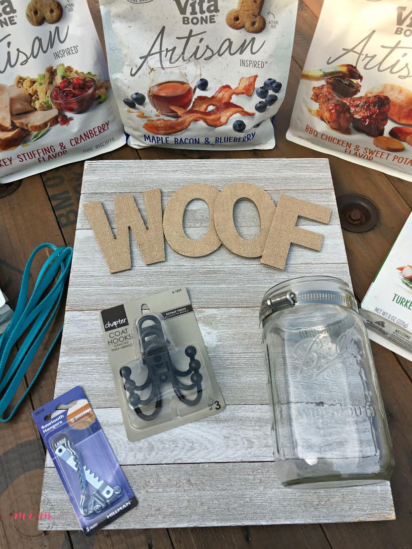 DIY Dog sign with treat jar and dog leash holder! Make this fun dog treat jar pet sign that is functional and adorable!