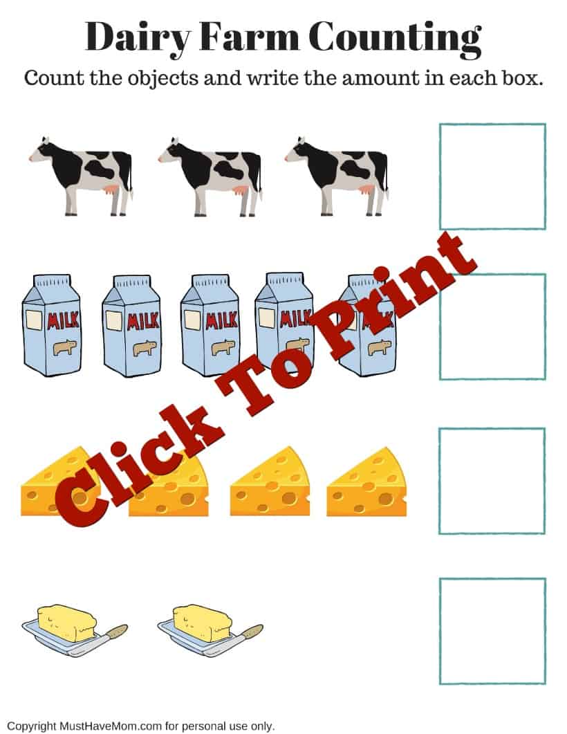 Free dairy farm activities for kids! Dairy farming counting printable, scissor skills cutting worksheet and make your own butter kids activity!