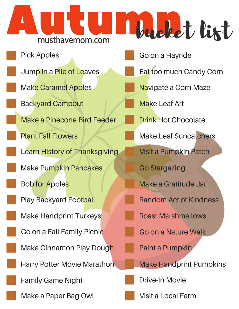Fall bucket list free printable. Fun list of things to do in fall.