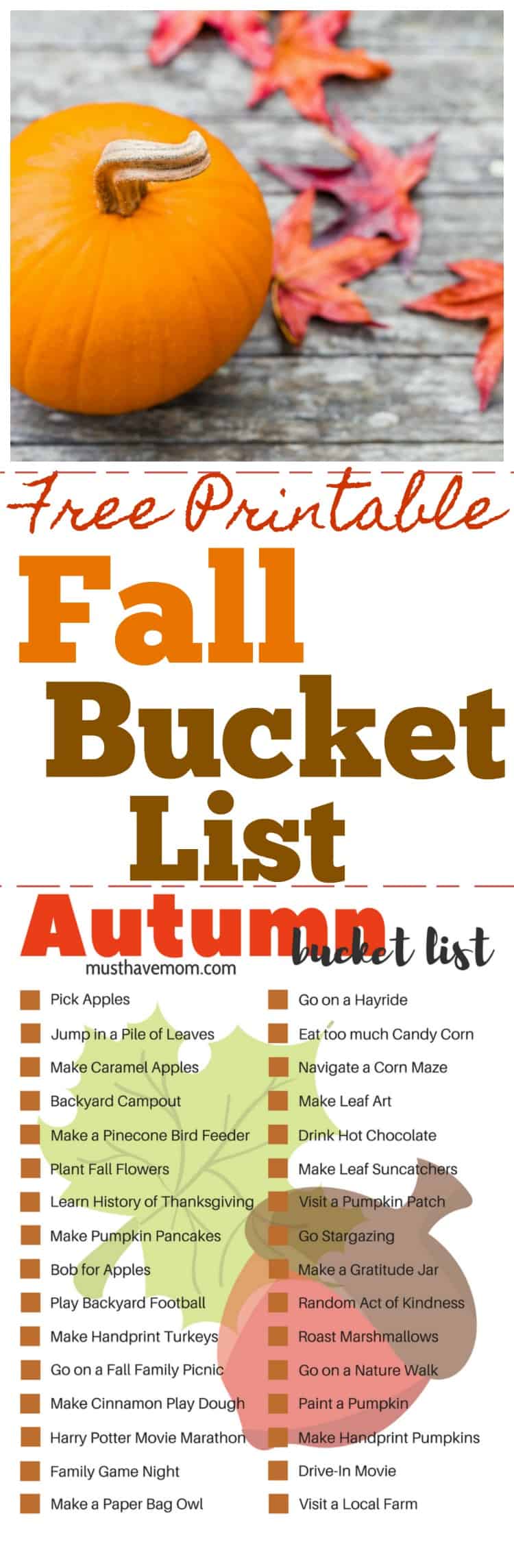 Fall bucket list free printable. Fun list of things to do in fall.