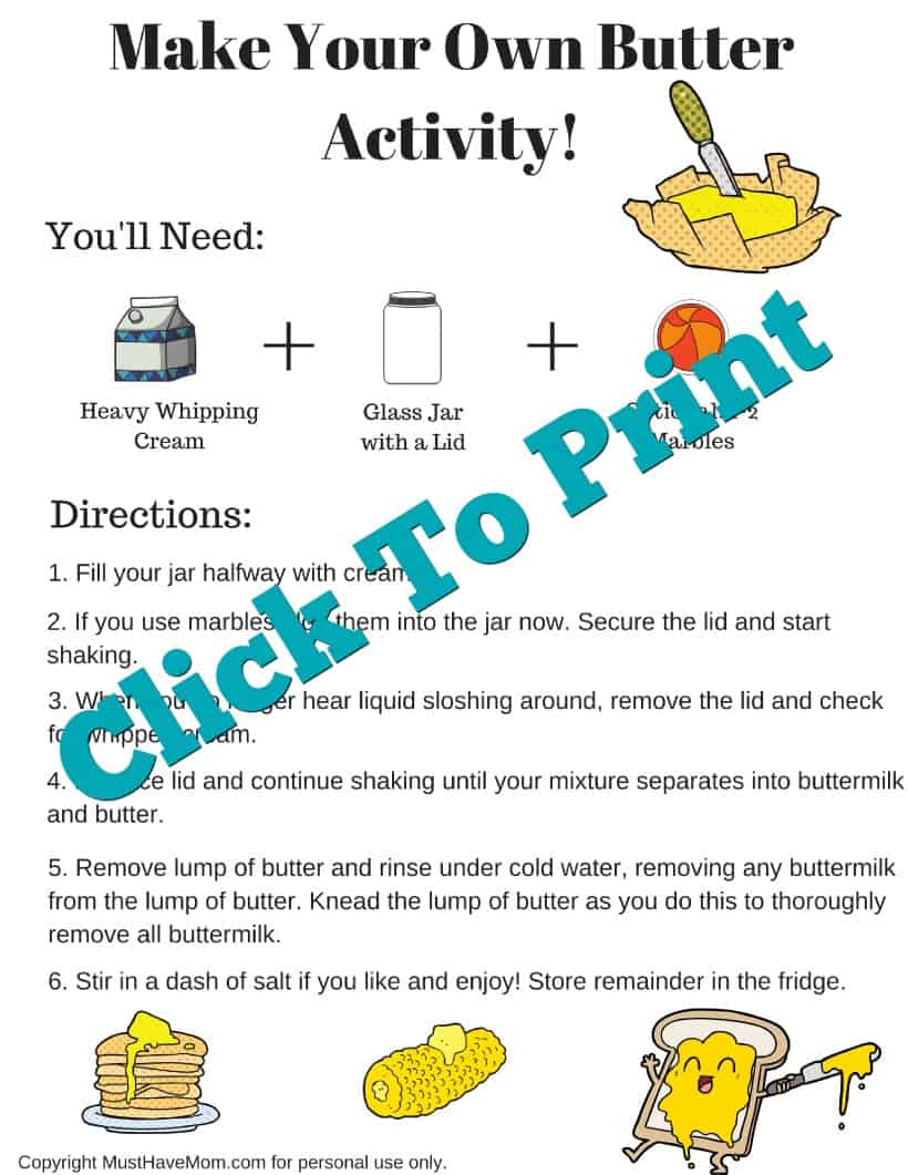 Free dairy farm activities for kids! Dairy farming counting printable, scissor skills cutting worksheet and make your own butter kids activity!