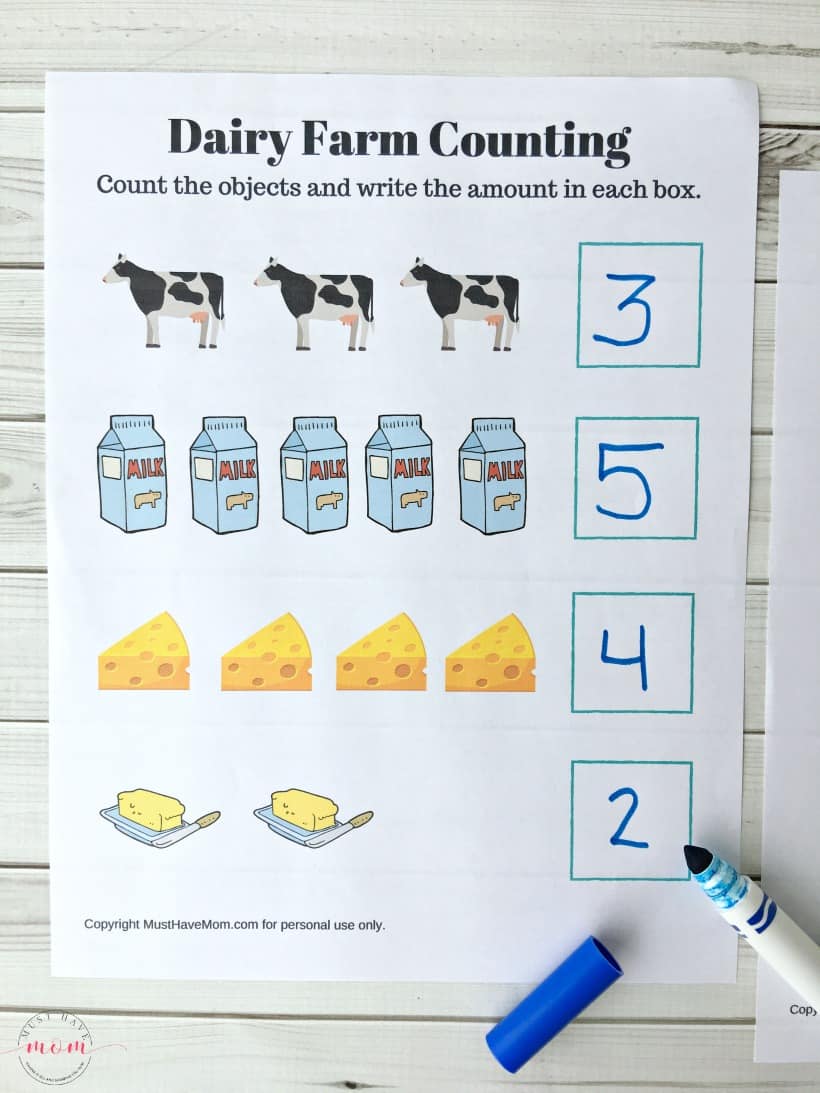 Free dairy farm activities for kids! Dairy farming counting printable, scissor skills cutting worksheet and make your own butter kids activity!