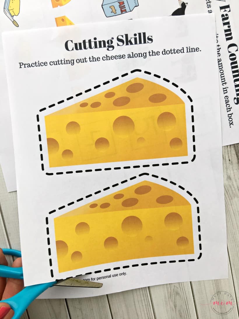 Free dairy farm activities for kids! Dairy farming counting printable, scissor skills cutting worksheet and make your own butter kids activity!