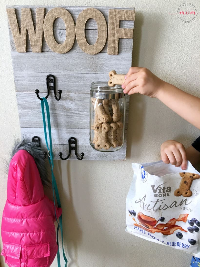 DIY Dog sign with treat jar and dog leash holder! Make this fun dog treat jar pet sign that is functional and adorable!