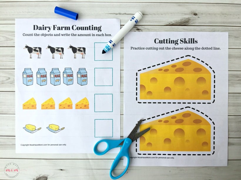 Free dairy farm activities for kids! Dairy farming counting printable, scissor skills cutting worksheet and make your own butter kids activity!