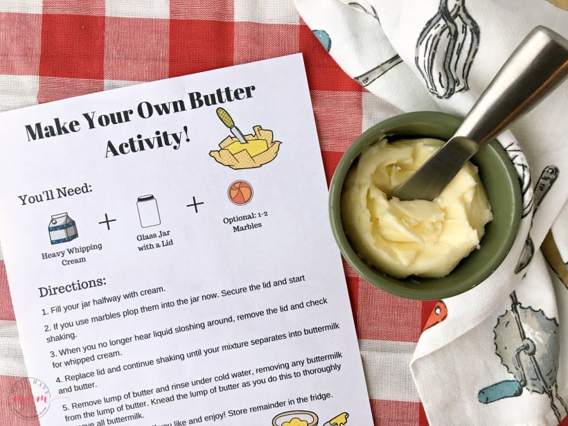 How to make your own butter using one ingredient! Great kids science / dairy farming learning activity! Free printable directions sheet.