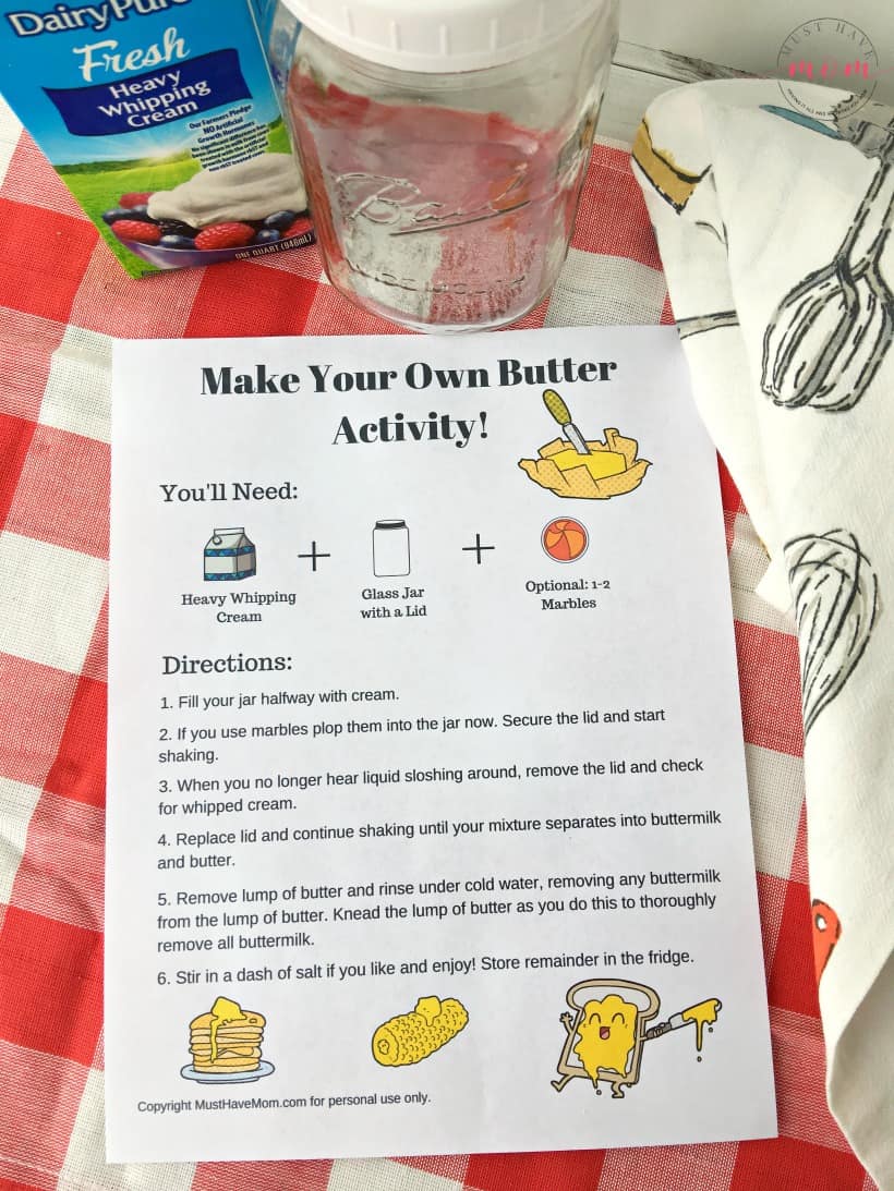 How to make your own butter using one ingredient! Great kids science / dairy farming learning activity! Free printable directions sheet.