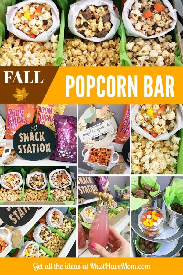 Fall popcorn bar ideas and DIY popcorn bar sign! Great party idea for Thanksgiving or Halloween food. 