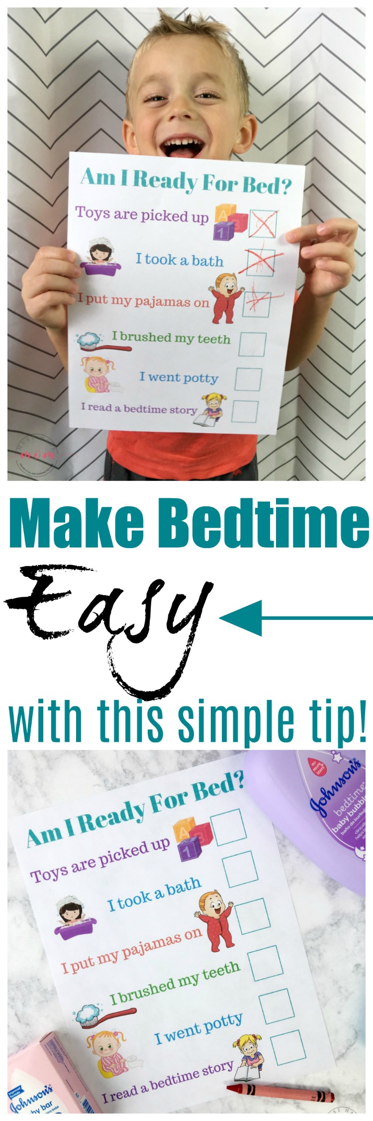 Make bedtime EASY with this simple tip and free printable bedtime routine chart! 