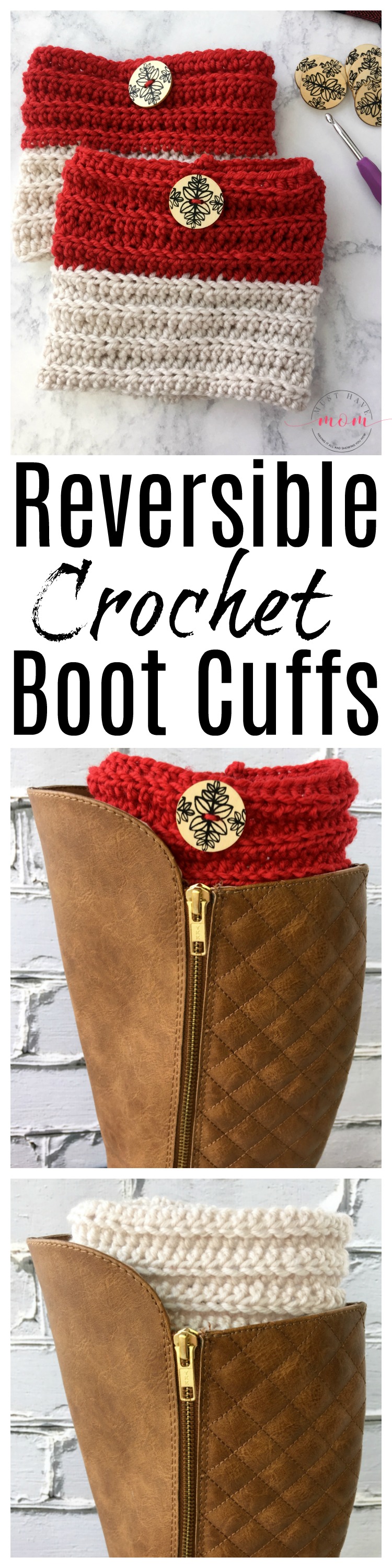 Easy reversible crochet boot cuffs free pattern perfect for beginners. Great crochet gift idea!