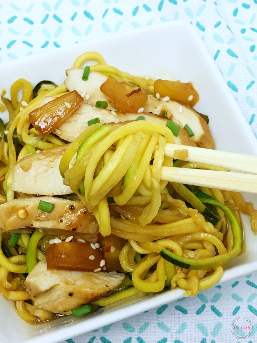 Quick and easy Teriyaki chicken with zoodles recipe! Shows easy way to make zoodles with Ninja® Intelli-Sense™ Kitchen System with Auto-Spiralizer™!