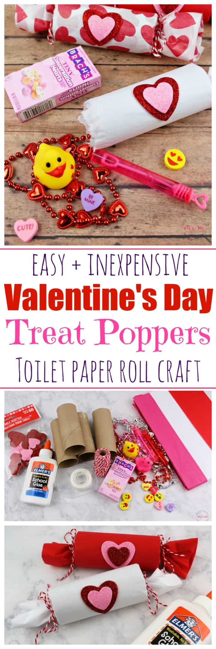 Toilet paper roll crafts for Valentine's Day! Easy and inexpensive Valentine's Day treat poppers for parties.