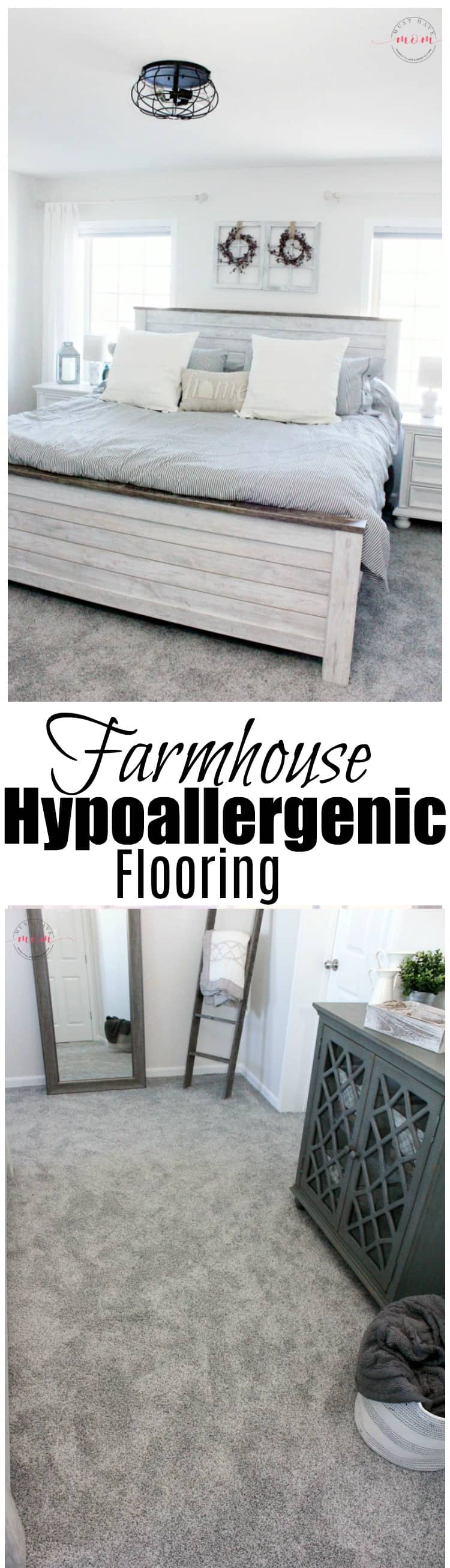 Farmhouse bedroom makeover with hypoallergenic carpet and color schemes.