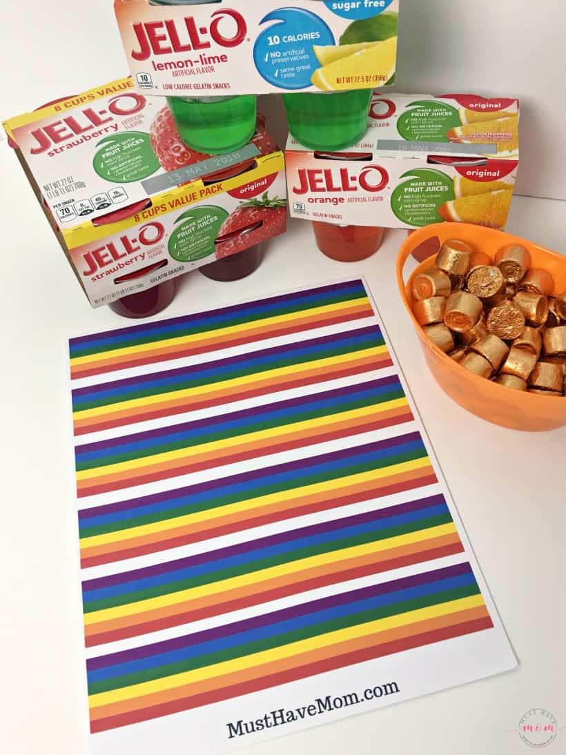 Quick & Easy Over the Rainbow Jello Treats with free printable rainbows! Great St. Patrick's Day food idea.