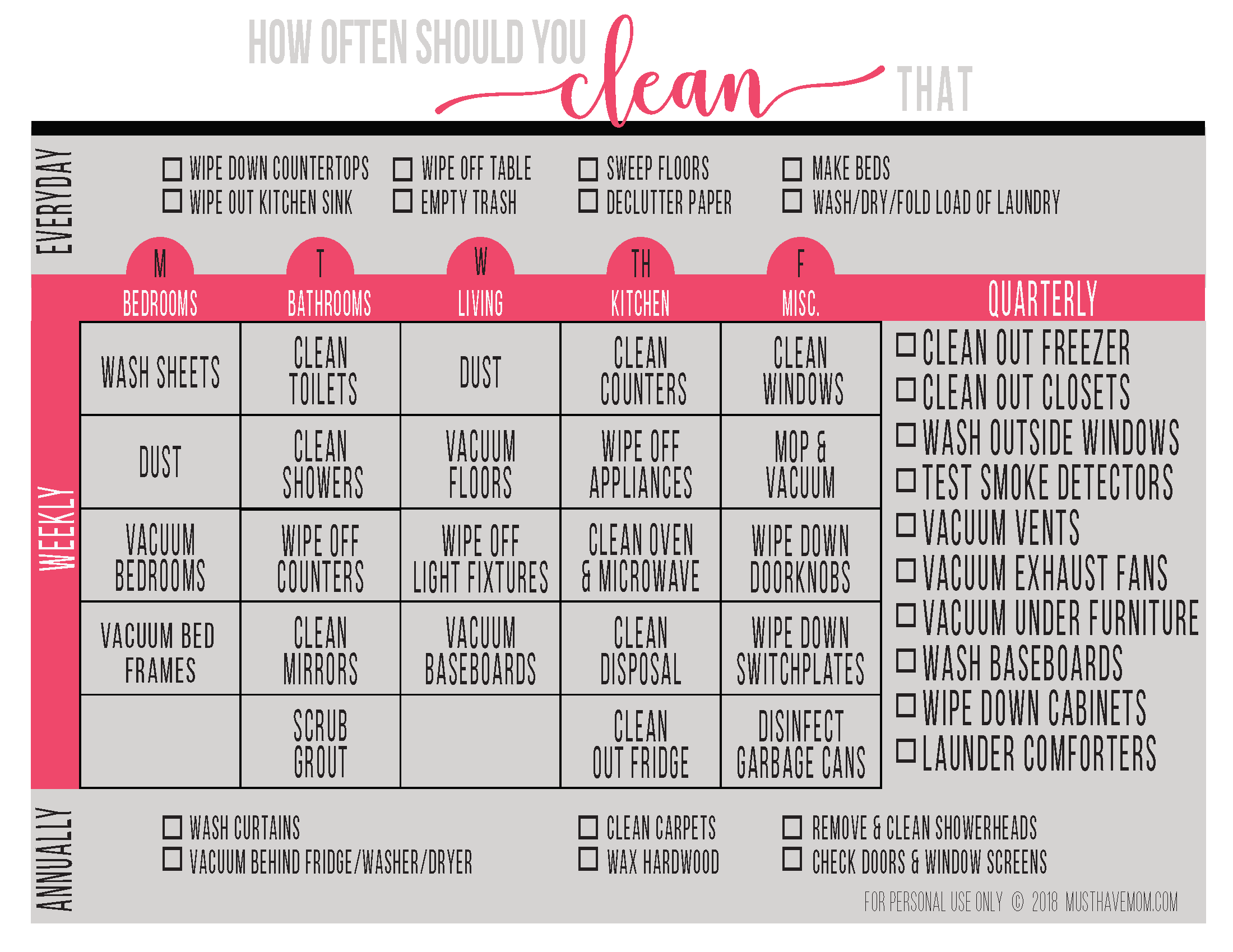 How often should you clean that? Free cleaning routine printable to keep your house clean in less time.